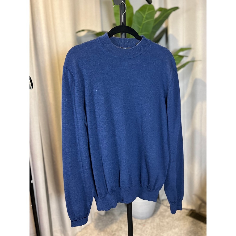 Tom James Mens Blue 100% Merino Wool Mock Neck Sweater Made in Italy Large